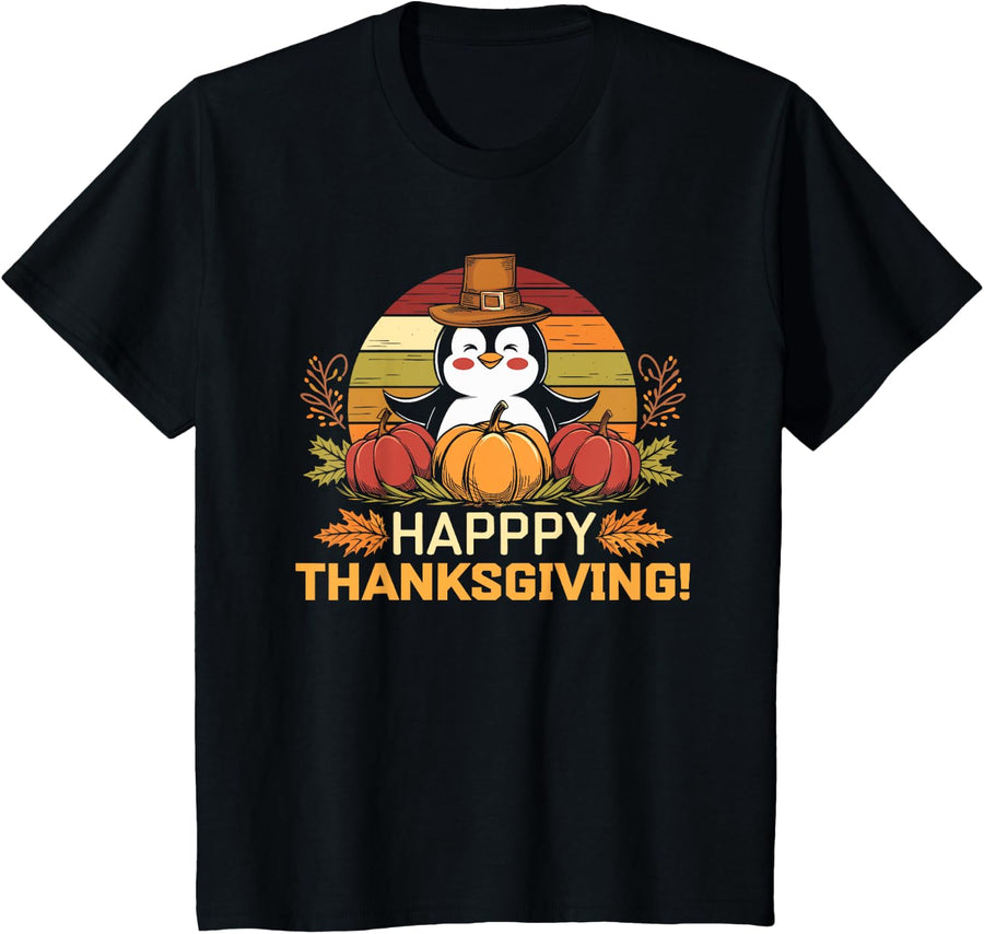 Penguin Thanksgiving Happy Thanksgiving Pumpkin T-Shirt - Black