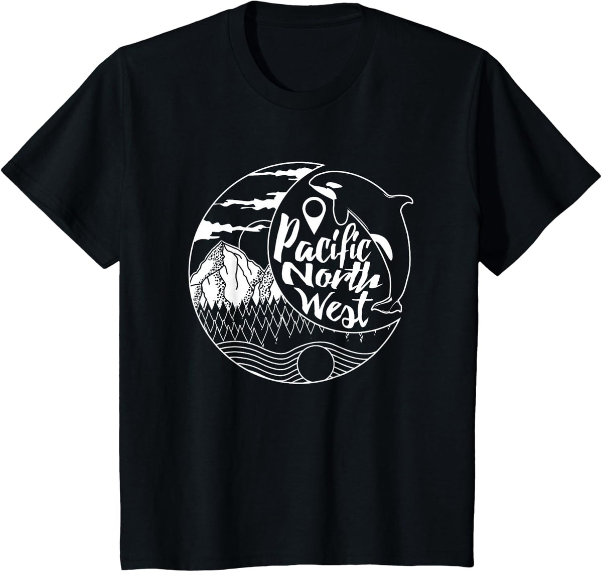 Pacific Northwest Orca Whale Tree Mountain Ocean PNW Gift T-Shirt - Black