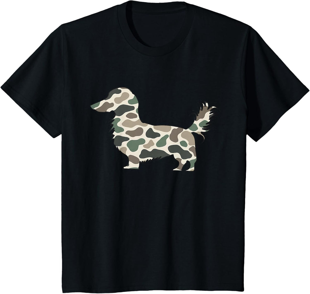 Retro Camouflage Long Hair Dachshund Wiener Dog Pet Lover T-Shirt - Black