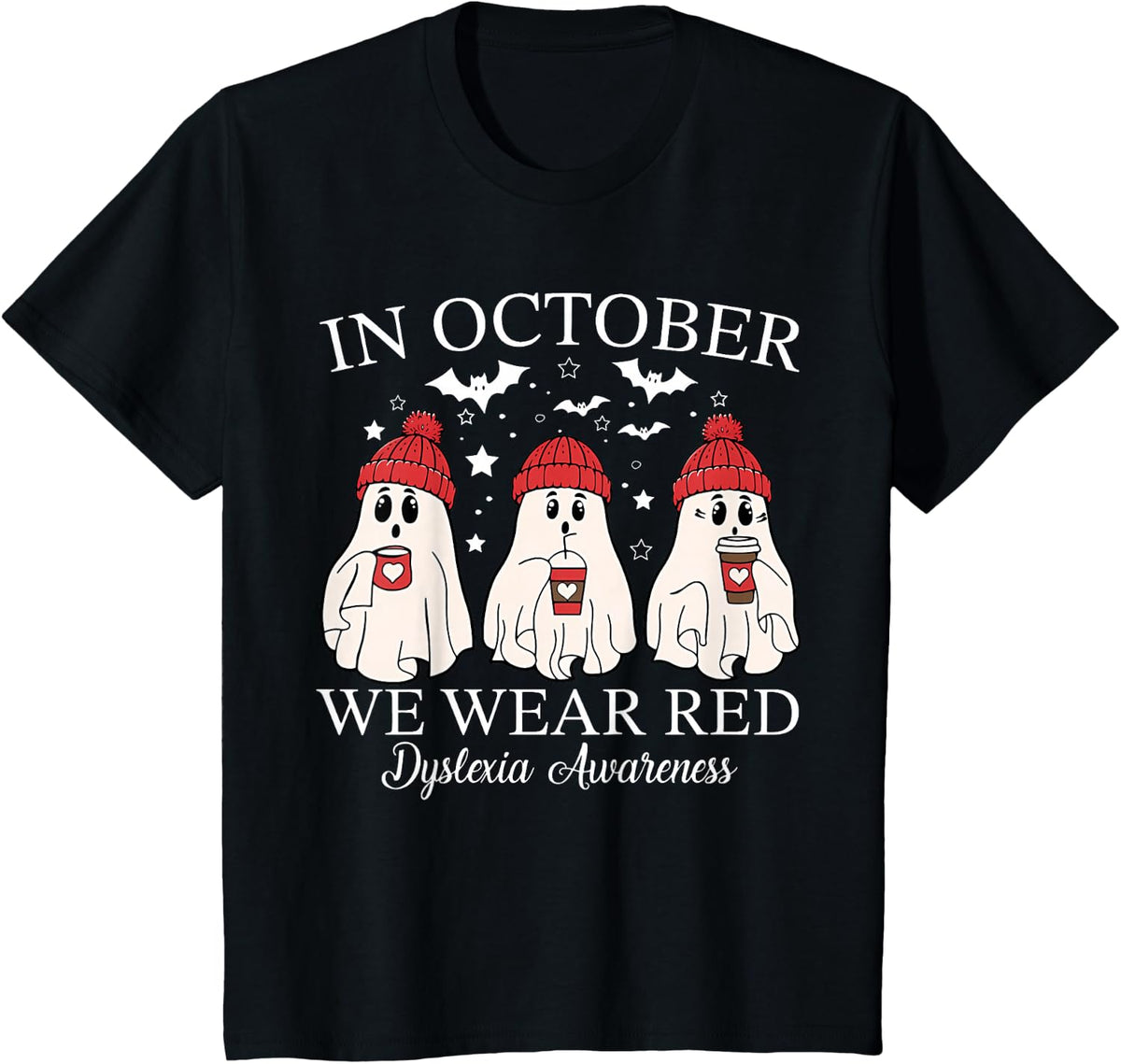 in October We Wear Red Ghost Teacher Dyslexia Awareness T-Shirt - Black