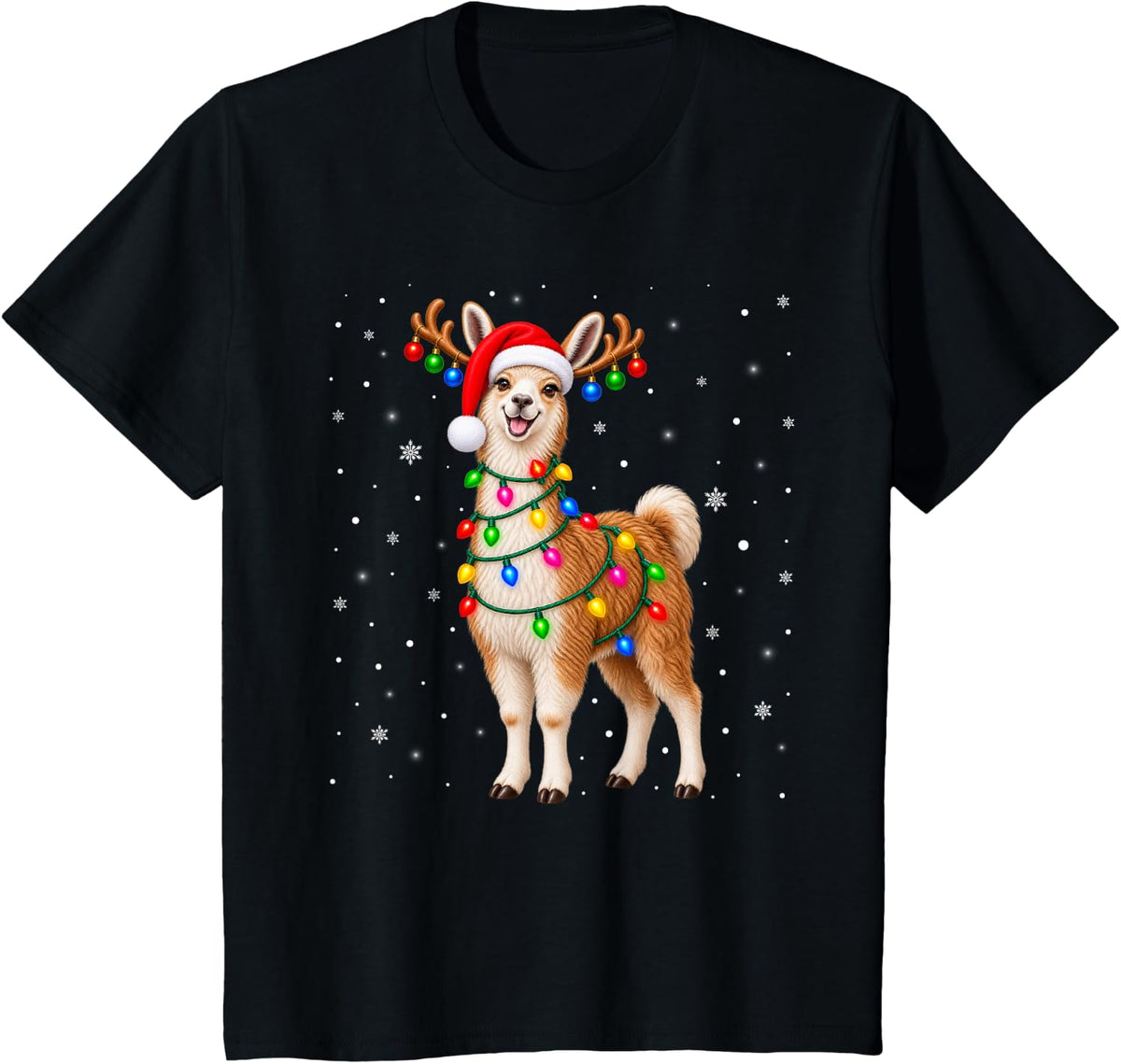 Llama Christmas Tree Lights Sweater Xmas Pajamas T-Shirt - Black