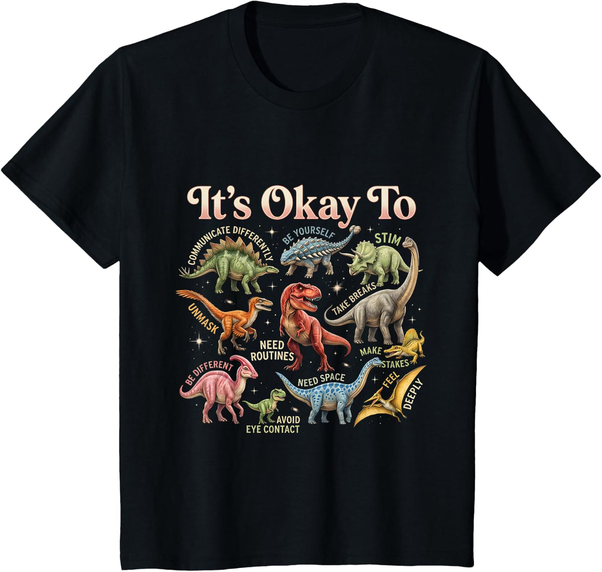 It's Okay to Be Different Dinosaur Autism Awareness T-Shirt - Black