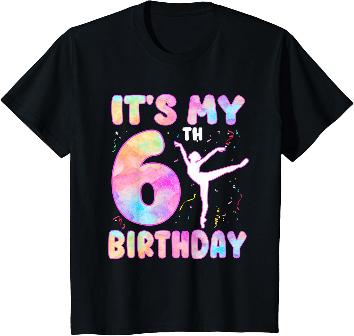 It's My 6th Birthday Gymnastic Theme 6 Year Old Gymnast T-Shirt - Black