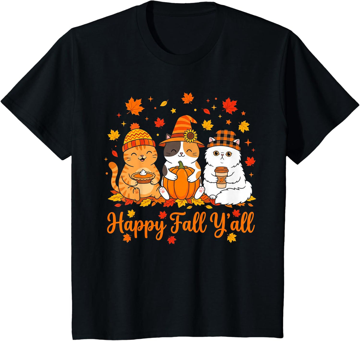 Happy Fall Y'all Chubby Cats Pumpkin Autumn Thanksgiving T-Shirt - Black