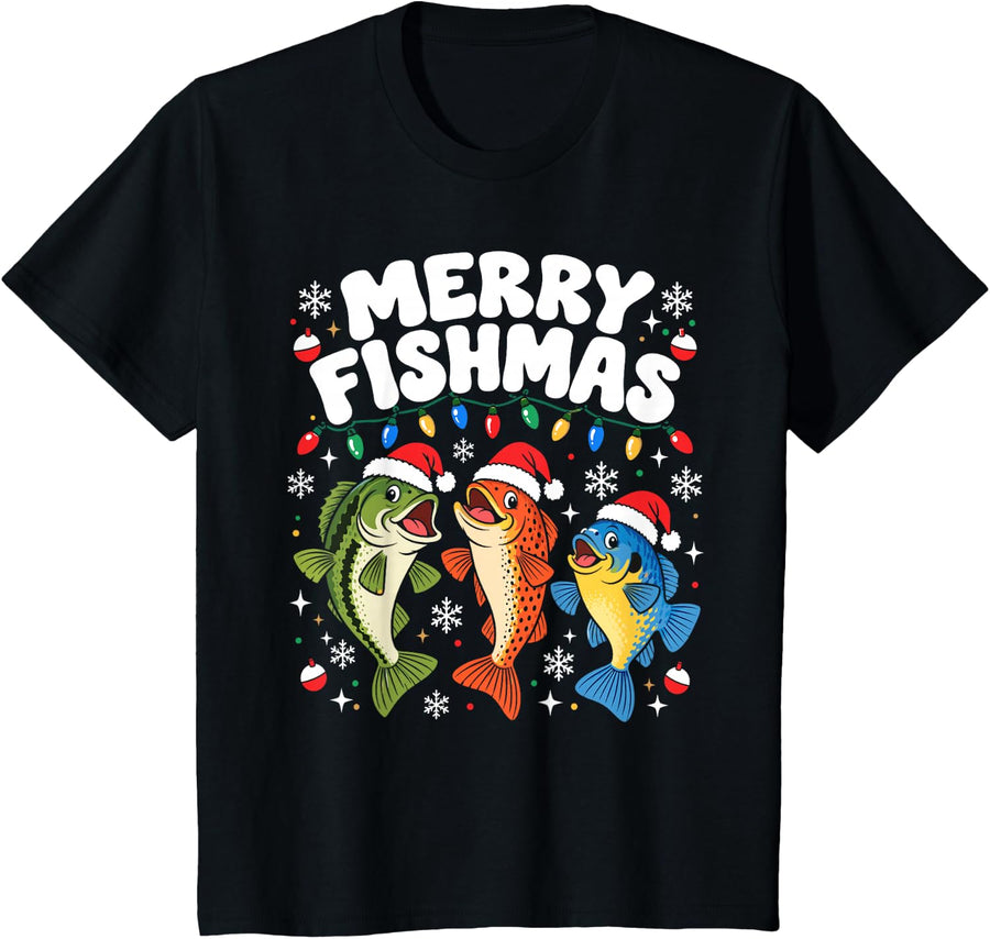 Merry Fishmas Christmas Fishing Bass Trout Funny T-Shirt - Black
