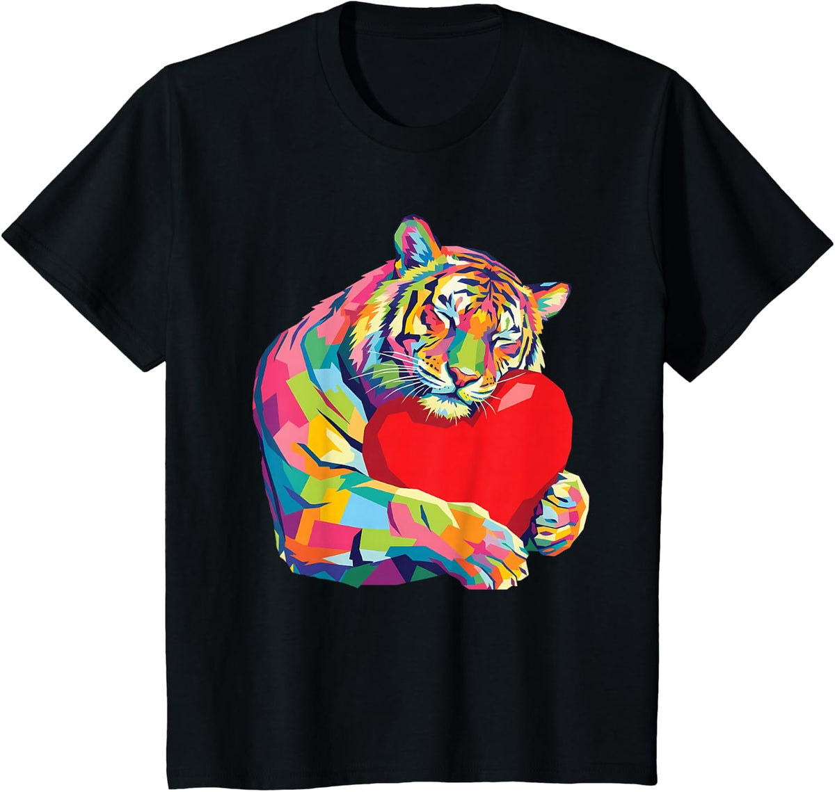 Tiger Hugging Valentine Heart Color Critters Rainbow T-Shirt - Black