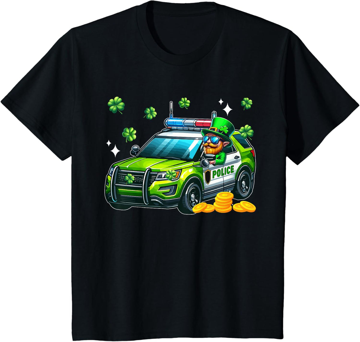 Happy St. Patrick's Day Shamrocks Man Driving Police Car T-Shirt - Black