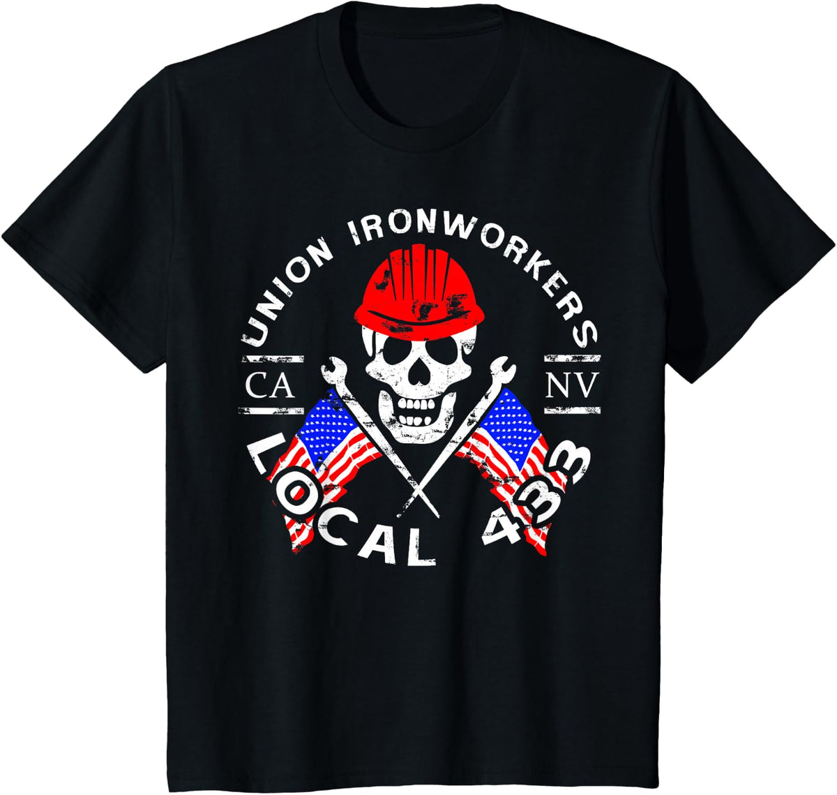 Union Ironworkers Local 433 American Flag Spud Hard Hat T-Shirt - Black