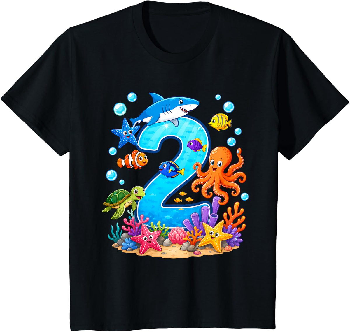 2nd Birthday Ocean Sea Animals 2 Years Birthday T-Shirt - Black