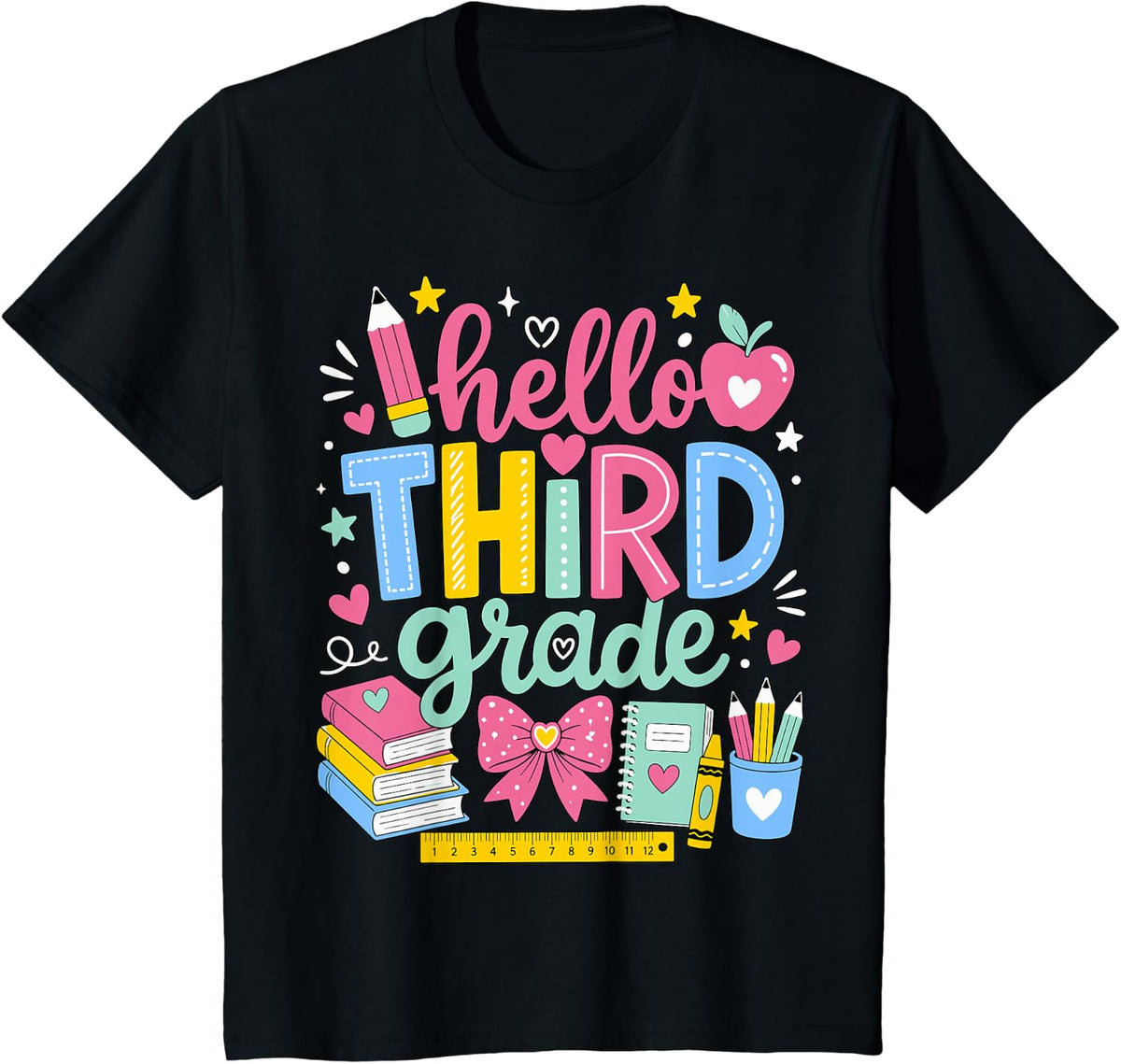 Hello Third Grade School Supplies T-Shirt - Black