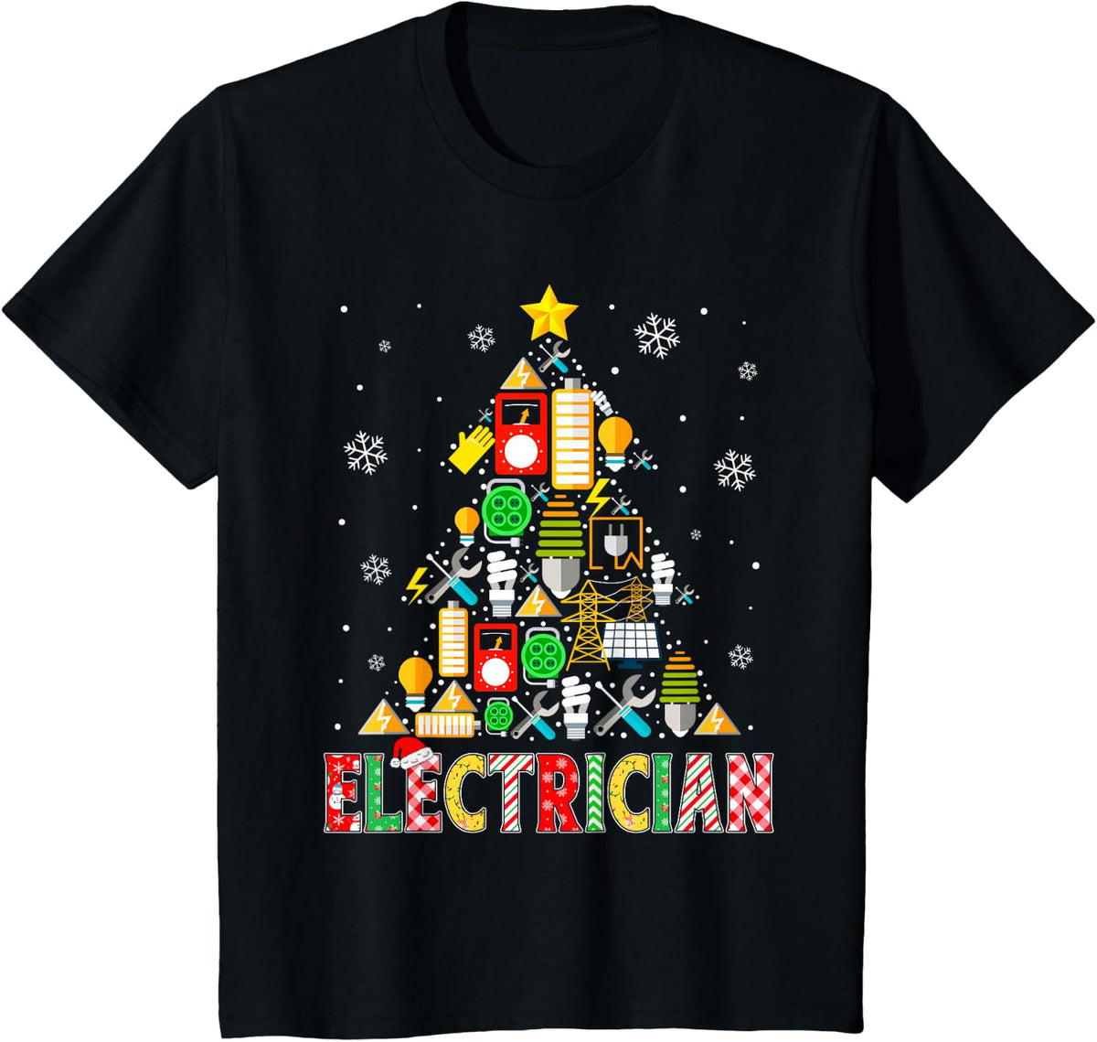 Electrician Christmas Tree Funny Matching Men Women Kids T-Shirt - Black