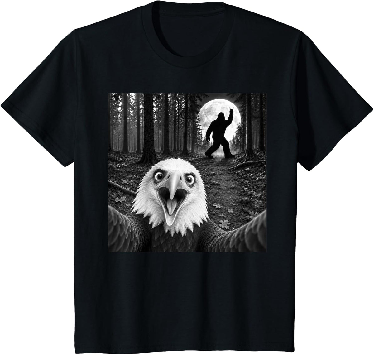 Bald Eagle Selfie with Bigfoot Rock and Roll Sasquatch T-Shirt - Black