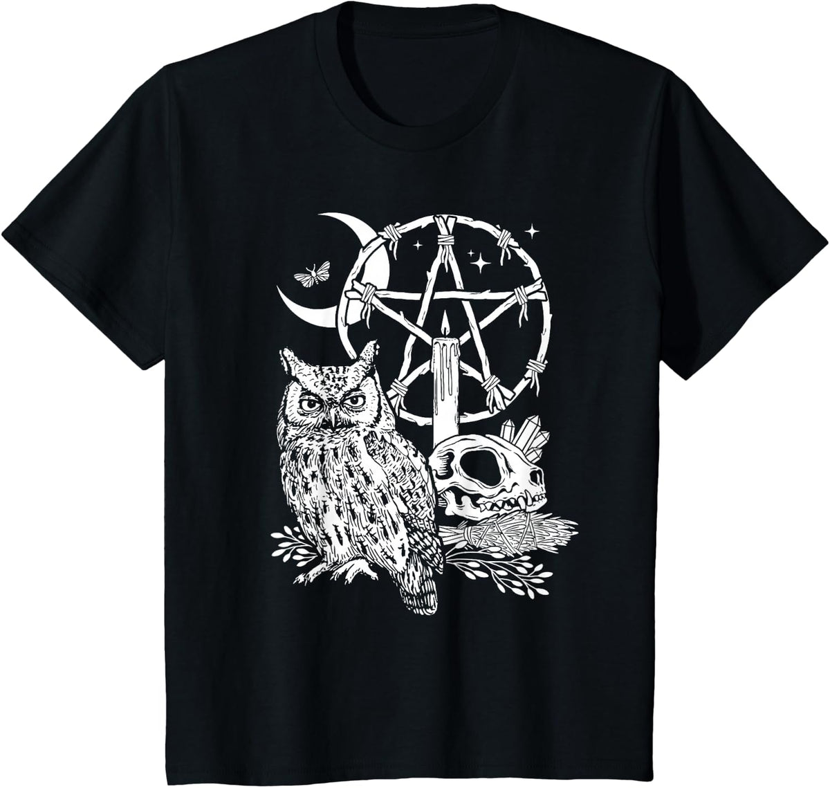Wiccan Witch Owl, Candle, Moon, Skull, Pentacle Illustration T-Shirt - Black