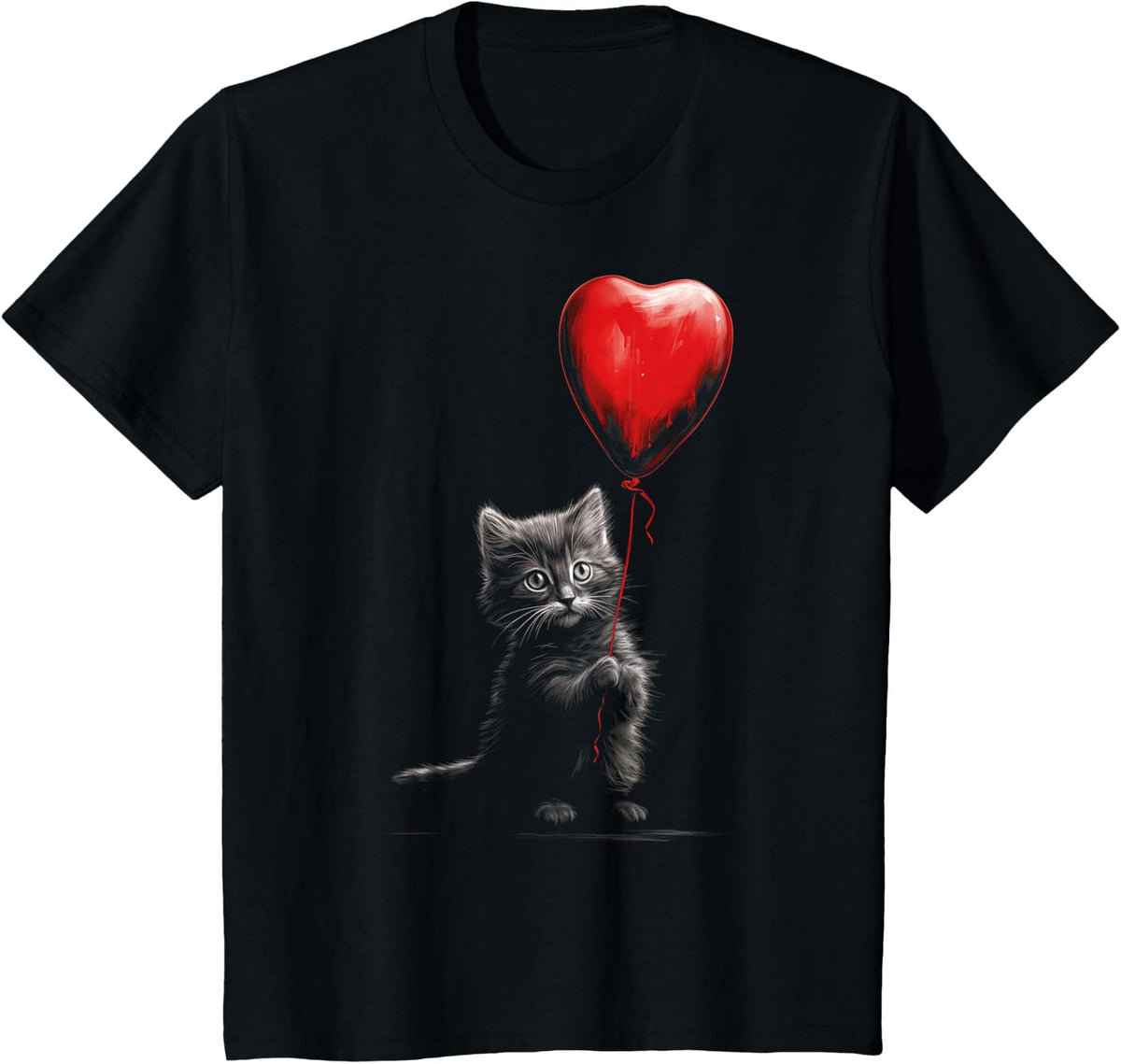 Heart Balloon Cute Cat Valentines Day Funny Cat Lover T-Shirt - Black