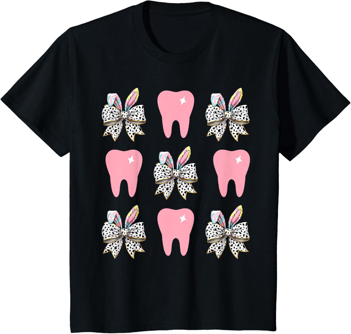 Dental Hygienist Tooth Coquette Bow Bunny Easter Dentist T-Shirt - Black