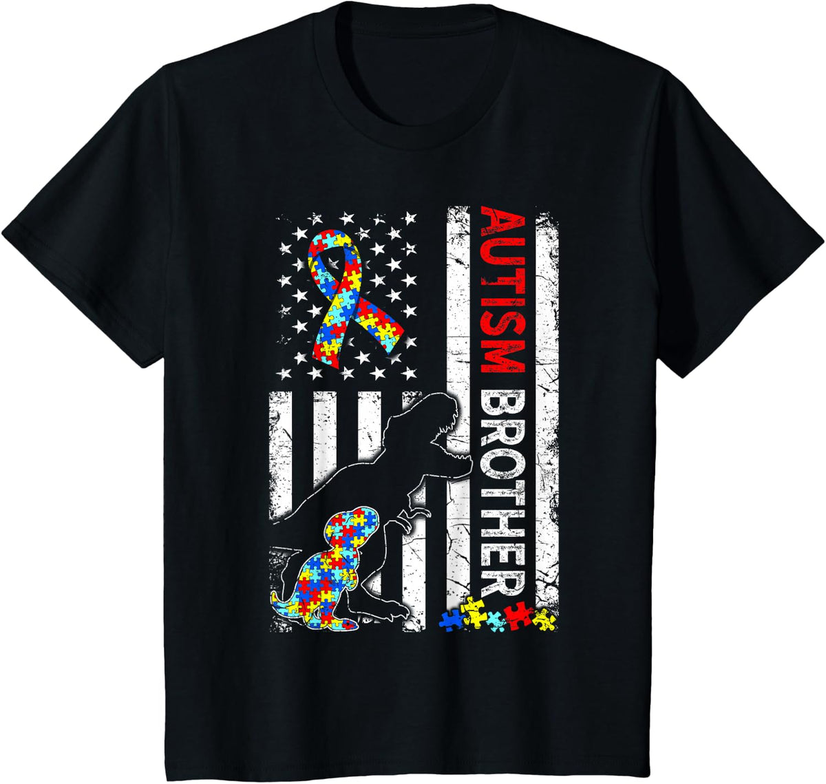 American Flag Autism Brother Dinosaur Awareness Autistic T-Shirt - Black