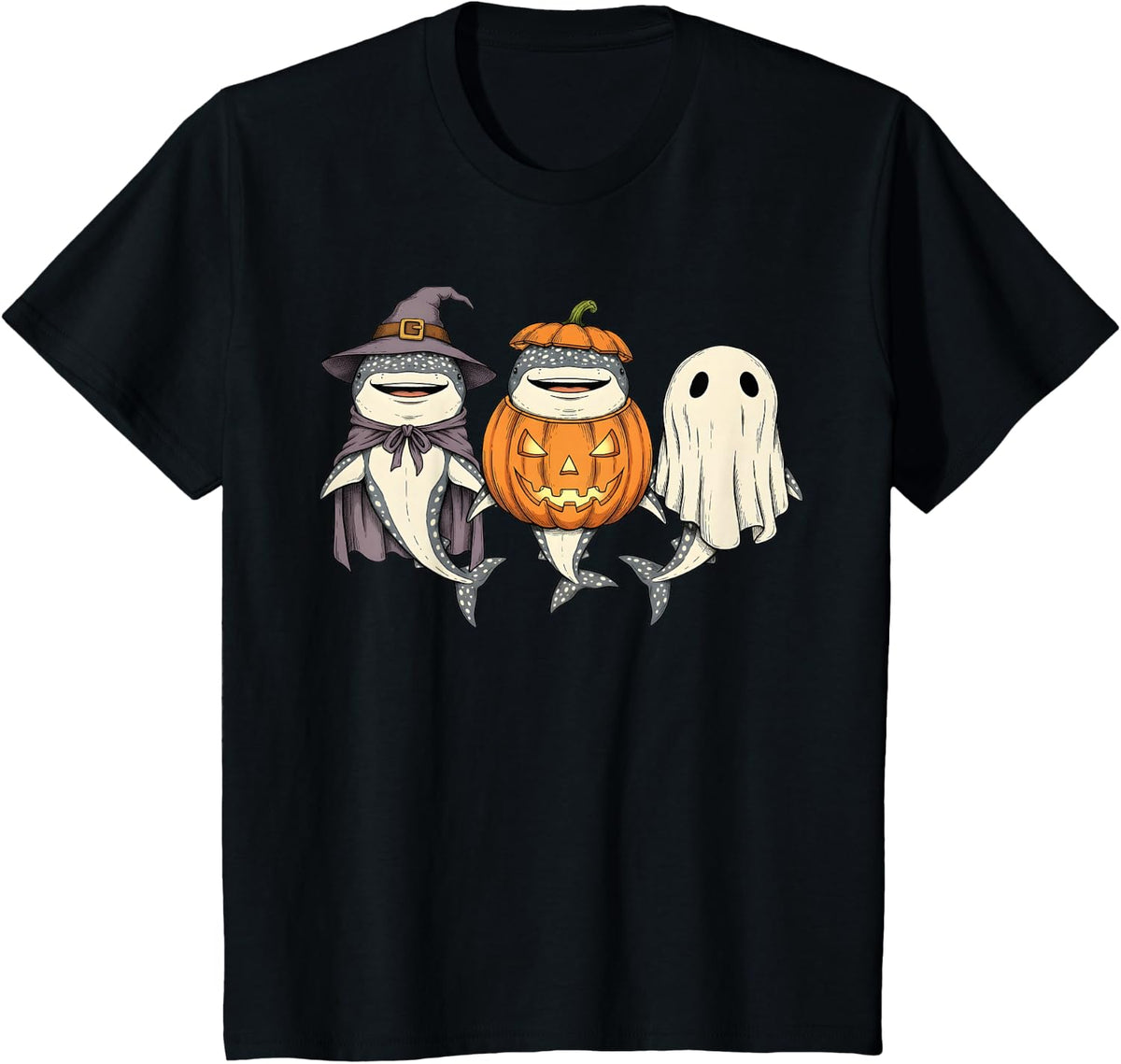 Spooky Whale Shark Lover Pumpkin Halloween Ghost T-Shirt - Black