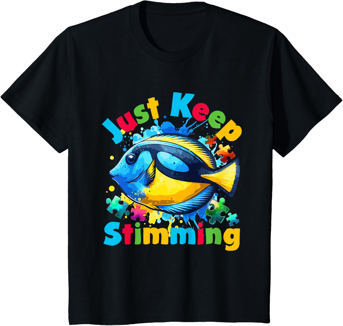 Just Keep Stimming Autism Awareness Blue Tang Fish T-Shirt - Black