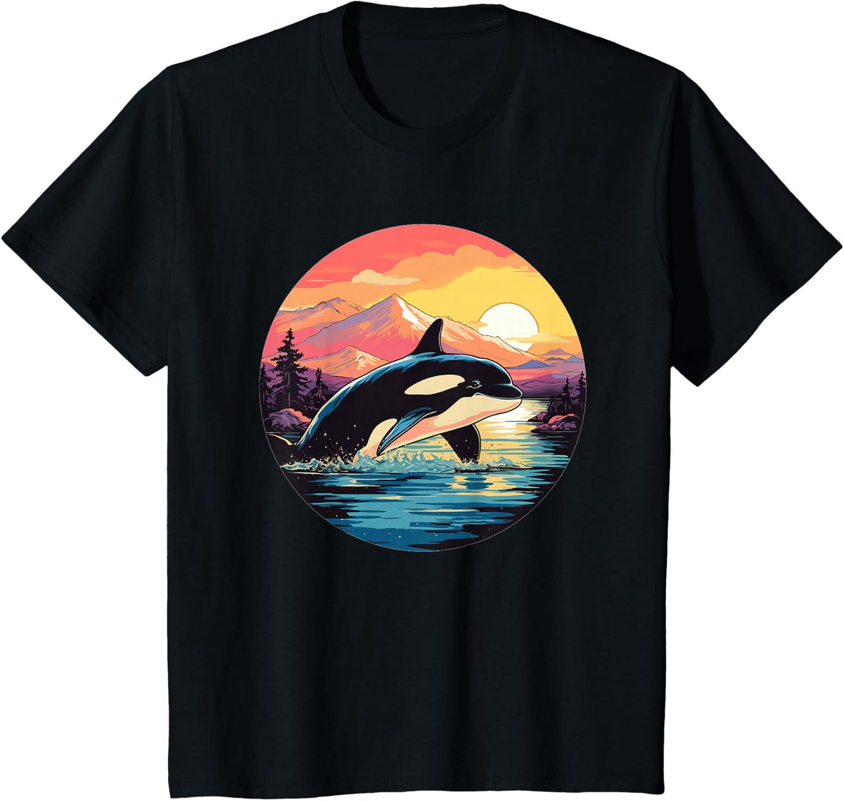Orca Whale Mountain Sunset Adventure T-Shirt - Black