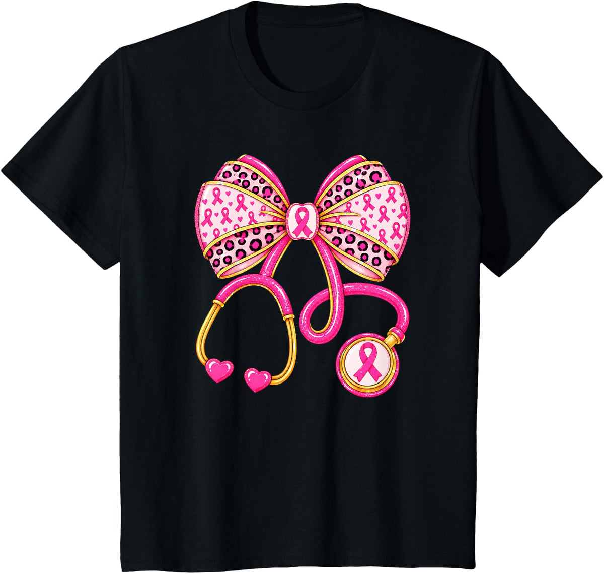 Nurse Stethoscope Breast Cancer Awareness Pink Ribbon Bow T-Shirt - Black