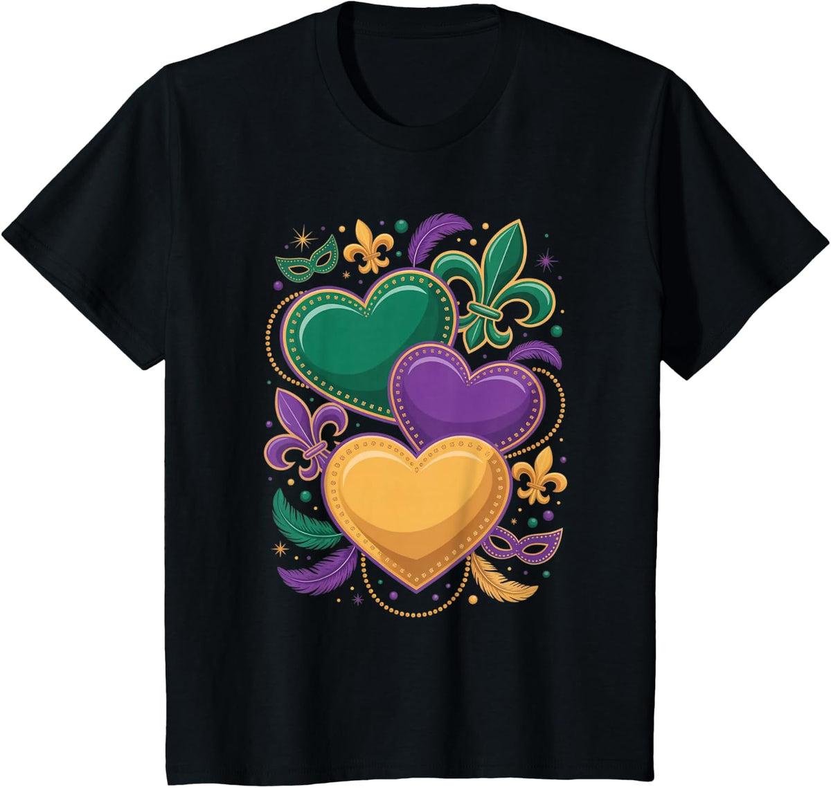 Mardi Gras Hearts Women Girls Kids Toddler T-Shirt - Black