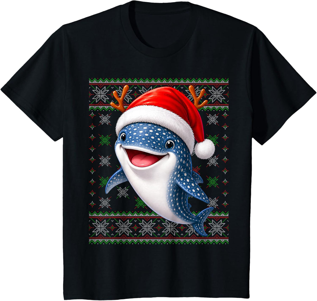 Whale Shark Christmas Ugly Sweaters Festive Santa Hat Xmas T-Shirt - Black