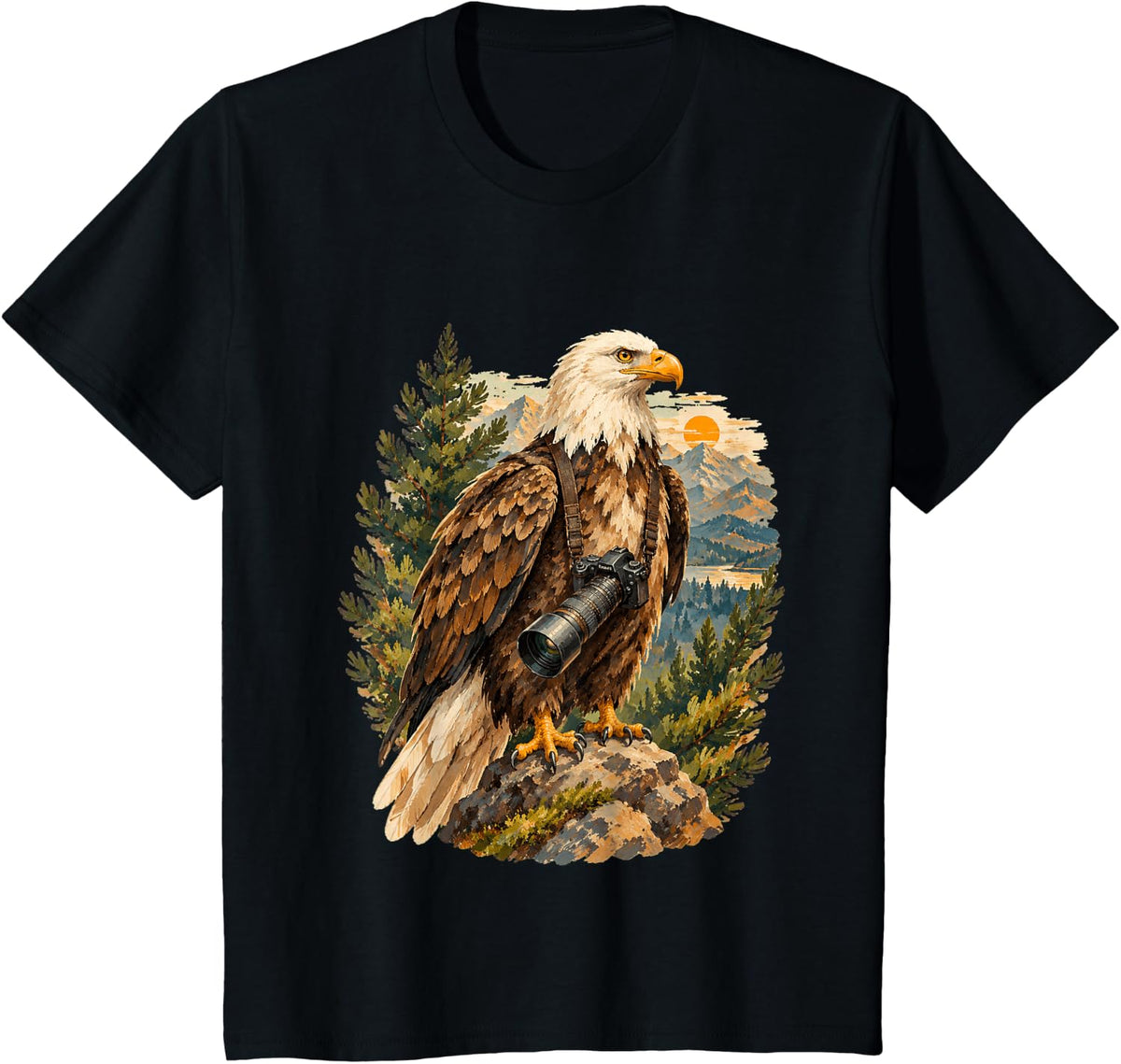 Bald Eagle Photographer with Camera Lens Birdwatcher T-Shirt - Black