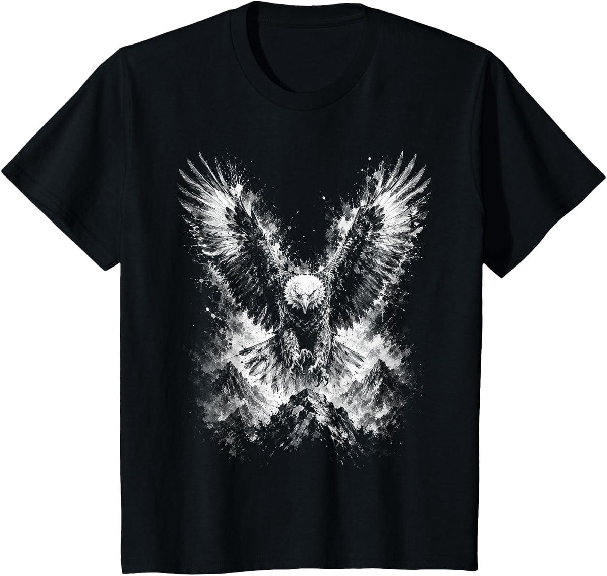 Flying Bald Eagle Drawing Style Black White T-Shirt - Black