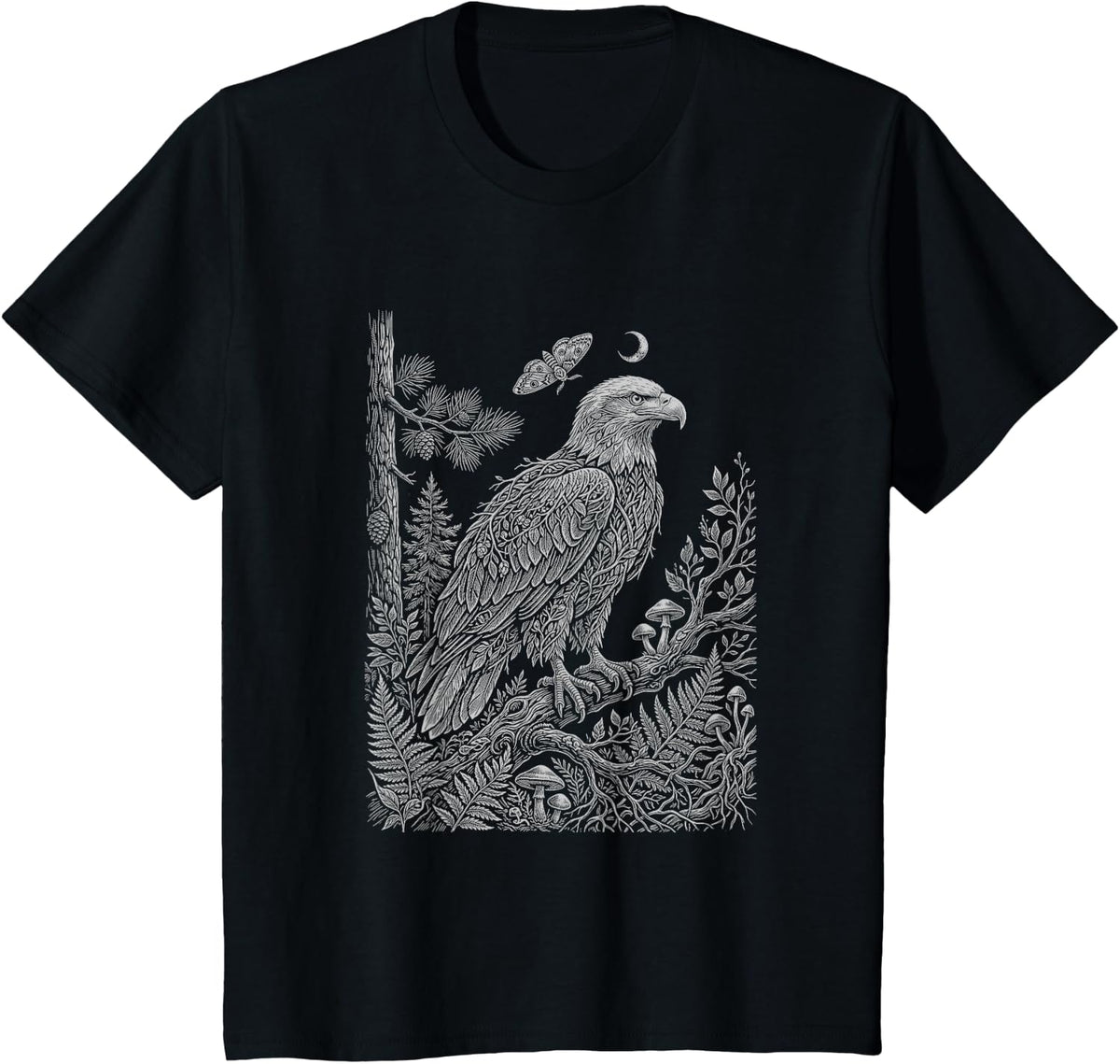 Bald Eagle Forest Mystical Spirit Moon Floral T-Shirt - Black