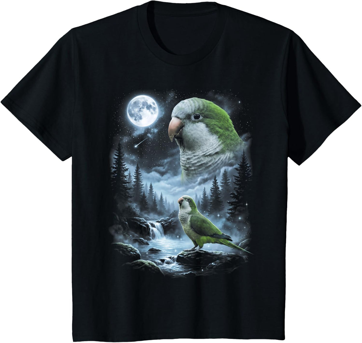 Quaker Parrot Howling at Moon 90's Retro Monk Parakeet T-Shirt - Black