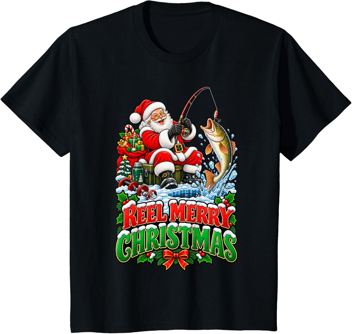Reel Merry Christmas Fishing Ugly Sweater T-Shirt - Black