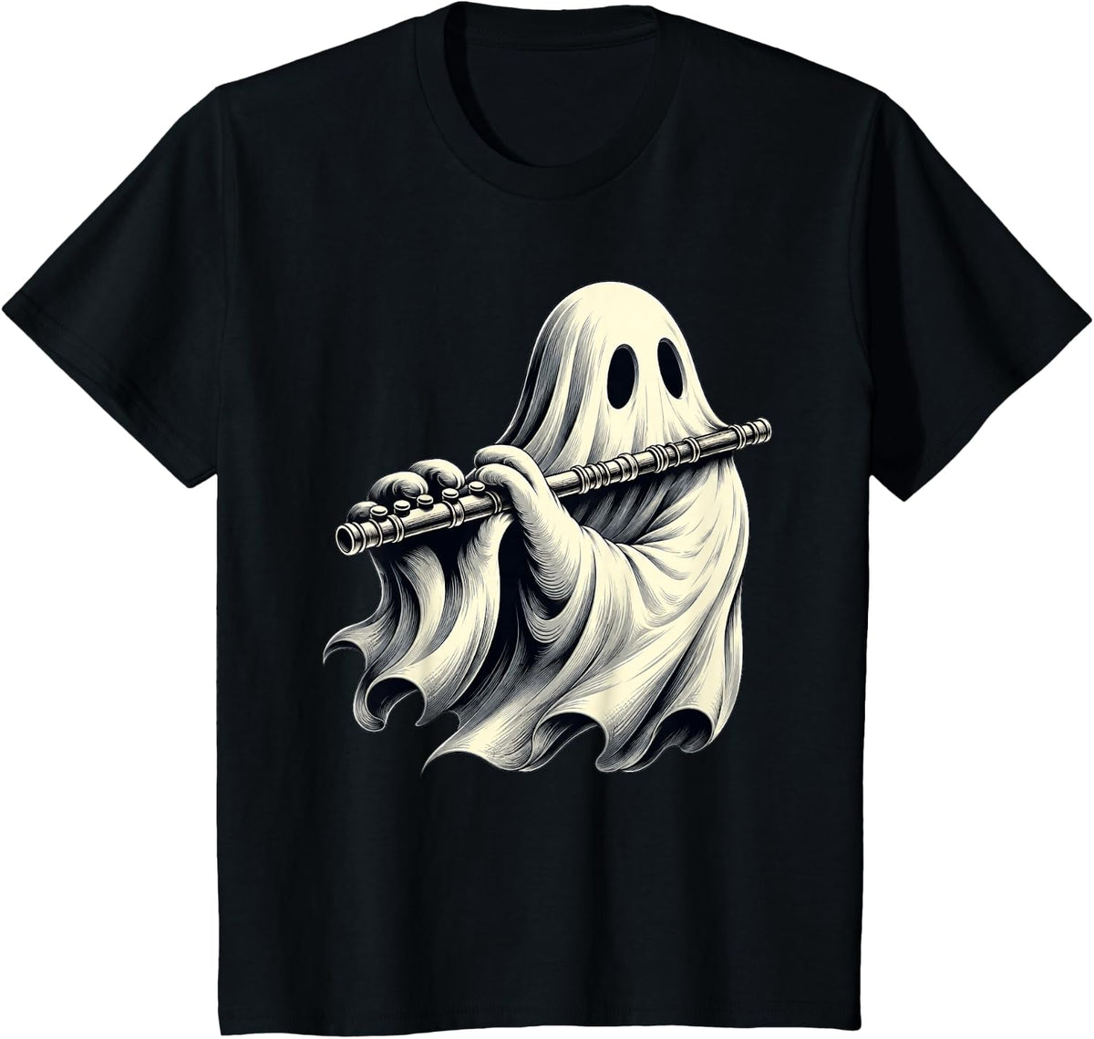 Ghost Playing Flute Musician Halloween T-Shirt - Black