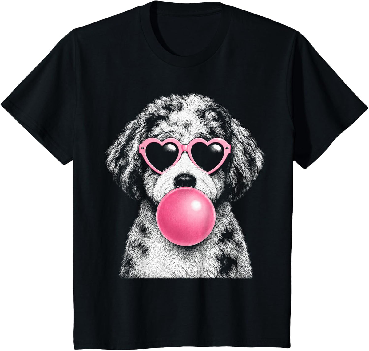 Aussiedoodle Pink Heart Sunglasses Funny Bubble Gum T-Shirt - Black