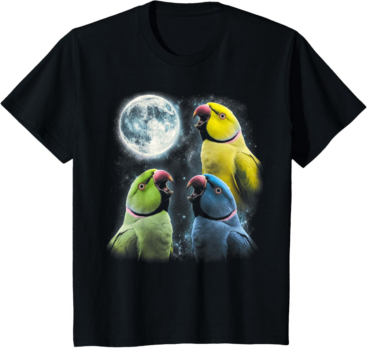 Indian Ringneck Parrot Howling at Moon Retro 90's T-Shirt - Black
