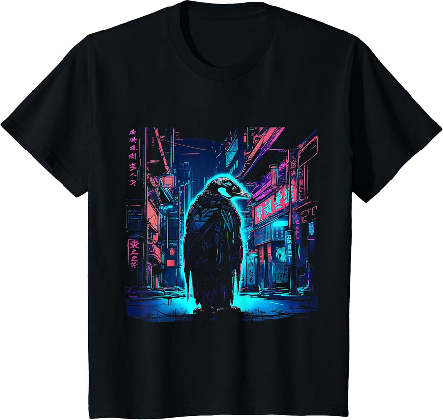 Penguin City Artwork | China Animal Motif Penguin T-Shirt - Black