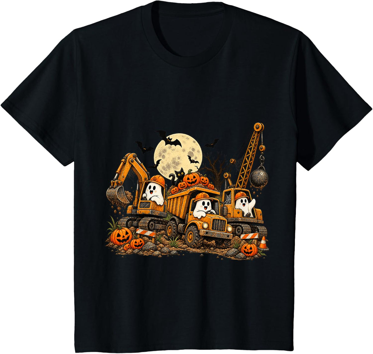 Halloween Construction Ghost Excavator Dump Truck Crane T-Shirt - Black