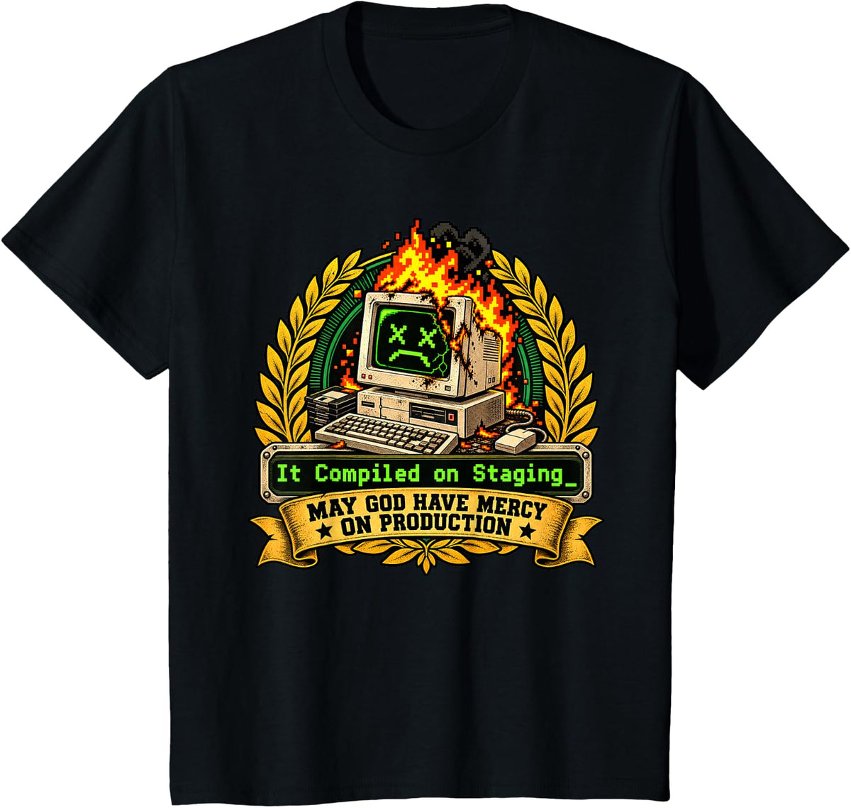 It Compiled on Staging Programmer Computer On Fire Pixel Art T-Shirt - Black