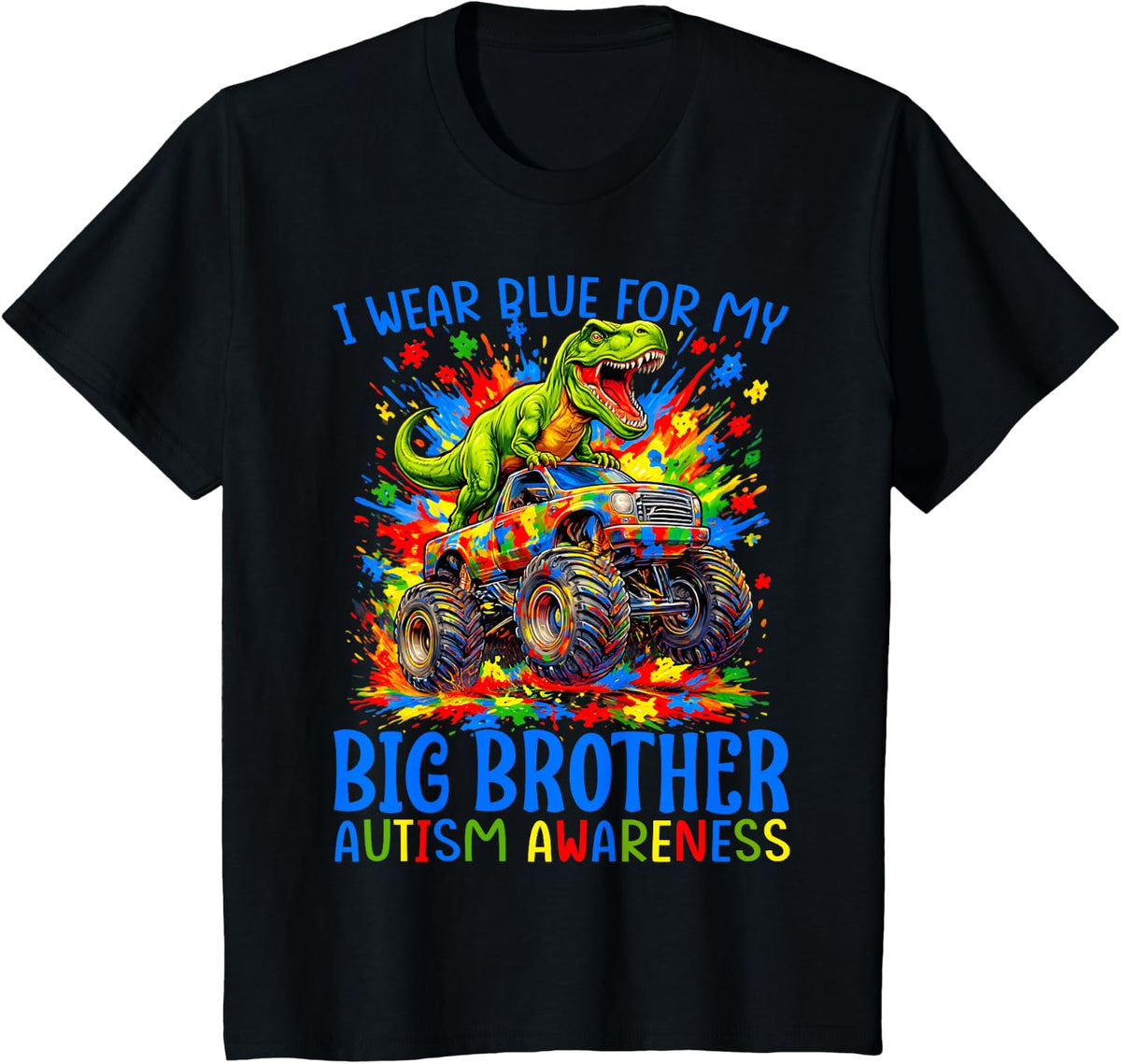 I Wear Blue for My Big Brother Autism Awareness Dinosaur T-Shirt Tees for Kids - Black
