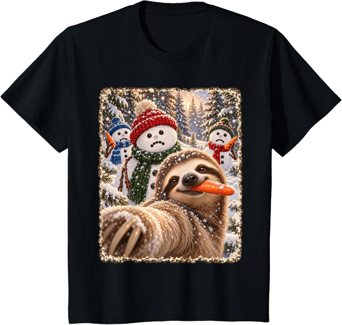 Funny Sloth Happy Christmas Snowman Selfie T-Shirt - Black