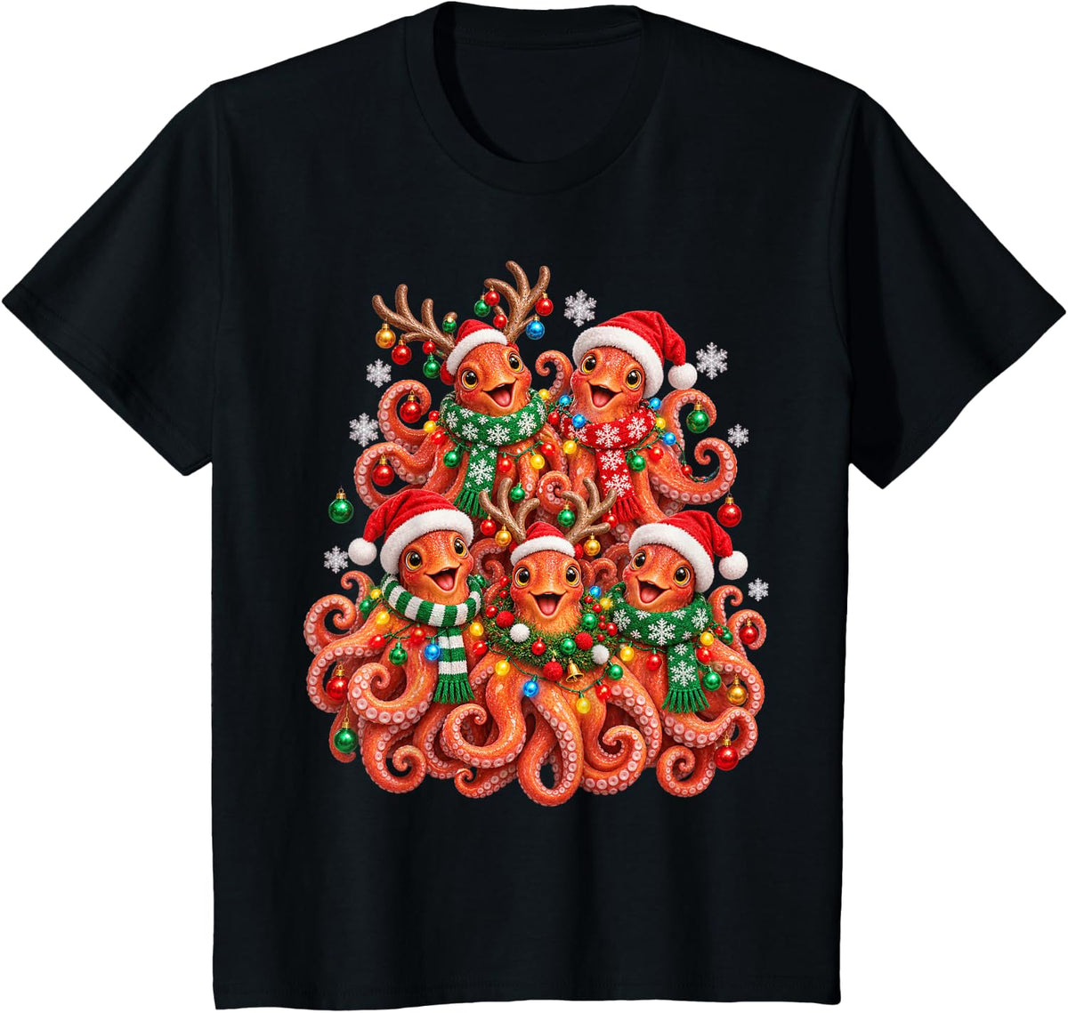 Christmas Lights Octopus Santa Funny Xmas Trees T-Shirt - Black
