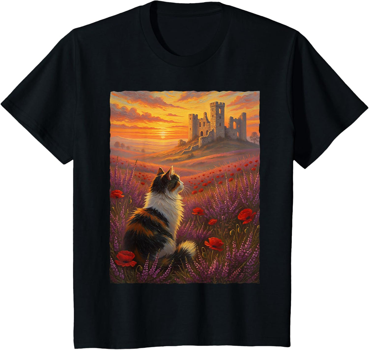 Calico Cat Medieval Castle Ruins Sunset Poppy Field Art T-Shirt - Black