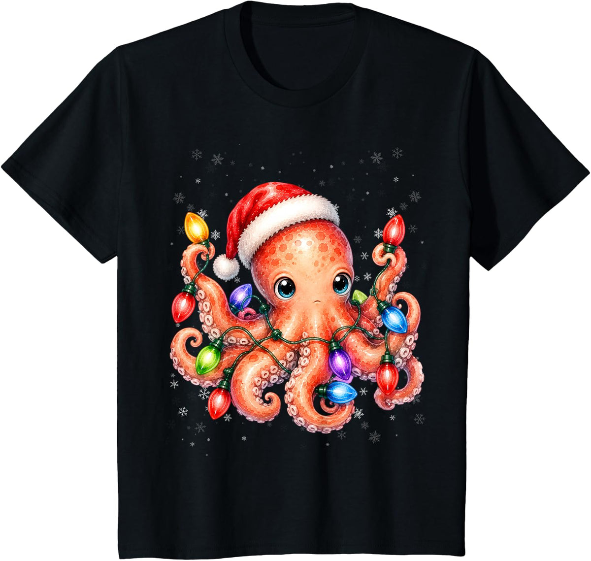 Octopus Christmas Lights Holiday Sea Animal Design T-Shirt - Black