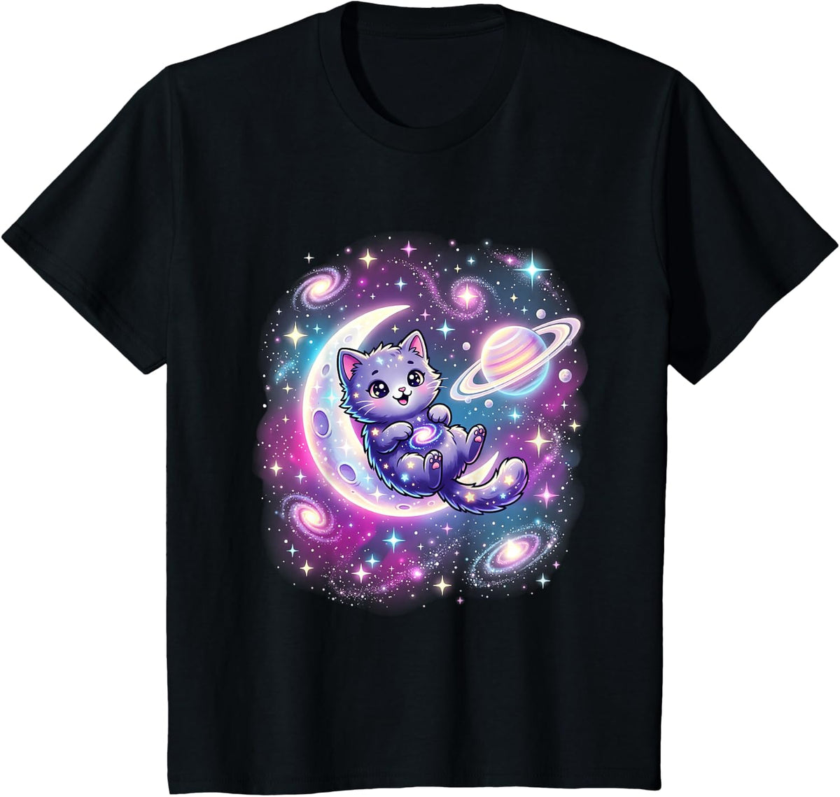 Pastel Galaxy Kitten Riding Moon Ringed Planet Space Cat Art T-Shirt - Black