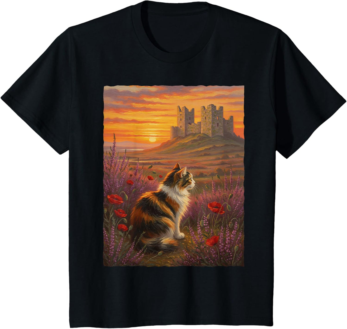 Calico Cat Medieval Castle Sunset Wildflower Poppy Art T-Shirt - Black