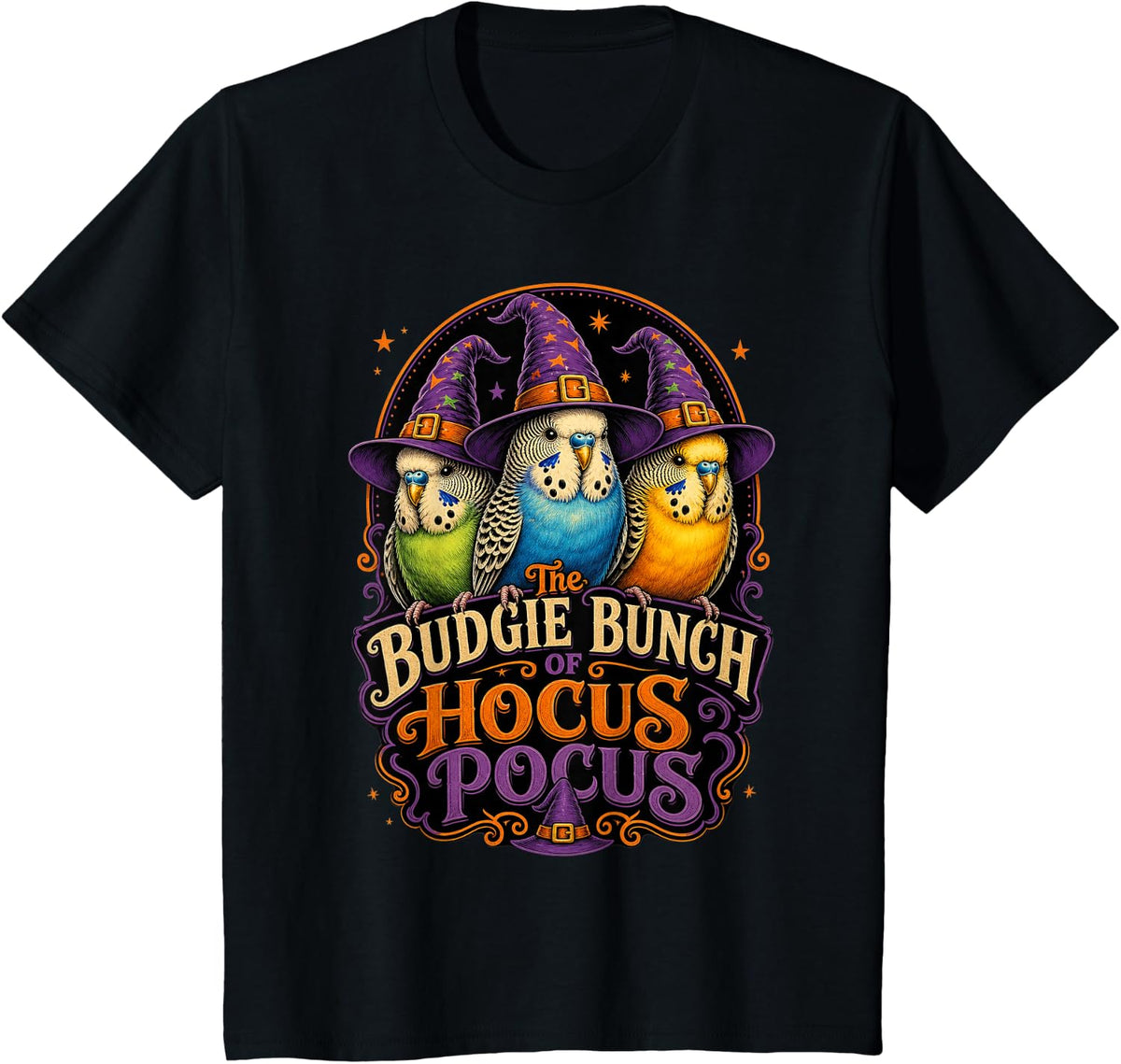Halloween Budgie Birds Witch Hats Funny Spooky Parakeet Love T-Shirt - Black