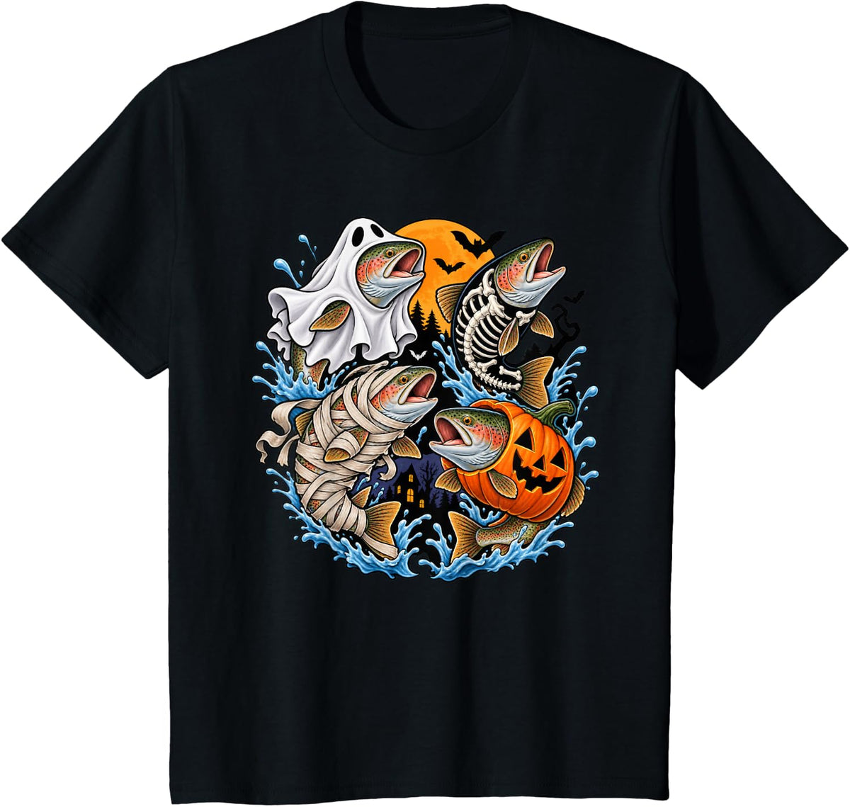 Trout Fish Ghost Pumpkin Skeleton Mummy Halloween Fishing T-Shirt - Black