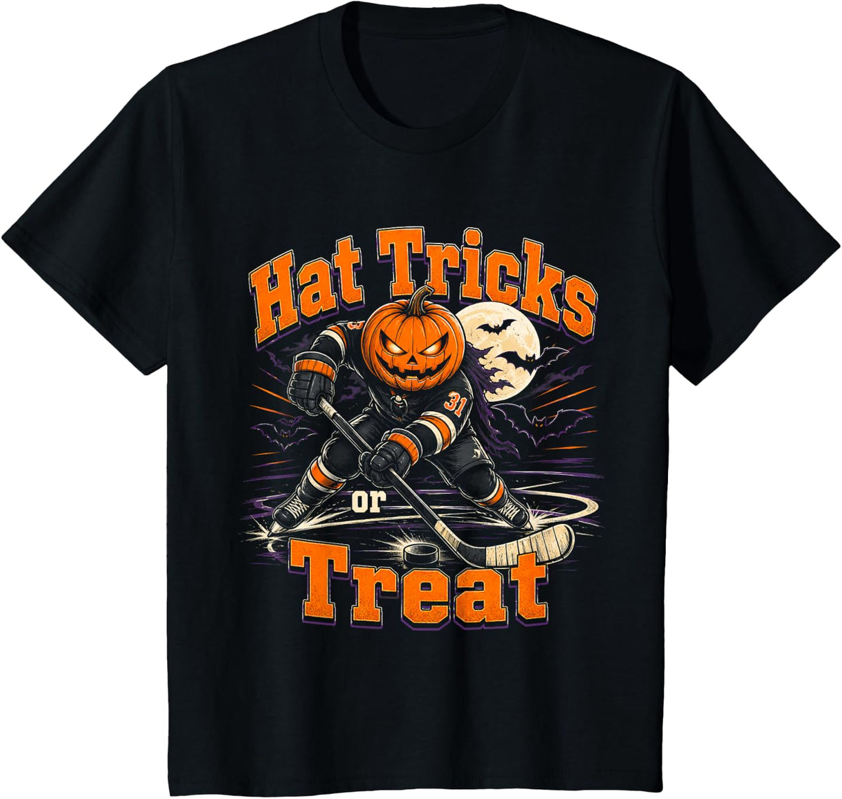 Hat Tricks Or Treat Ice Hockey Player Pumpkin Head Halloween T-Shirt - Black