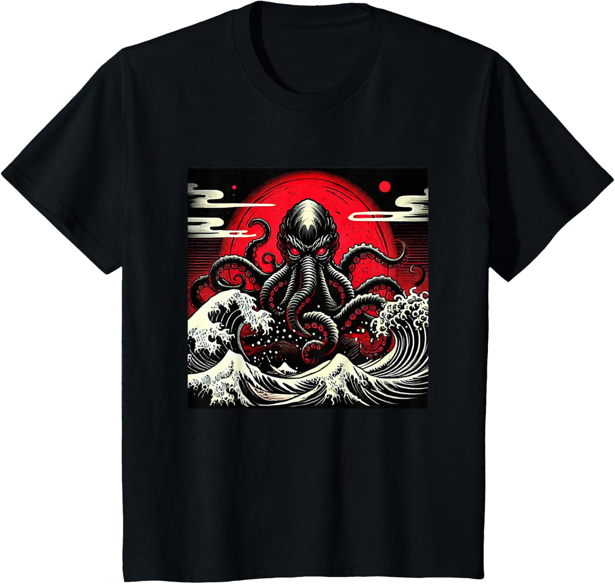 Japanese, Octopus, Art, Red Moon, Wave Graphic T-Shirt - Black