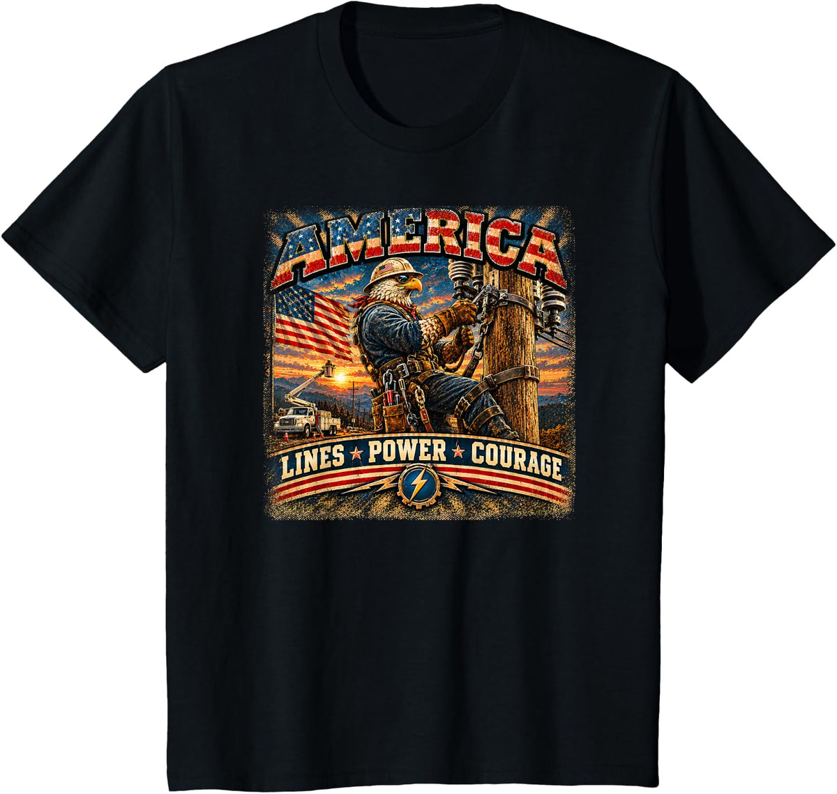 America | Lines Power Courage | Vintage Eagle Lineman T-Shirt - Black