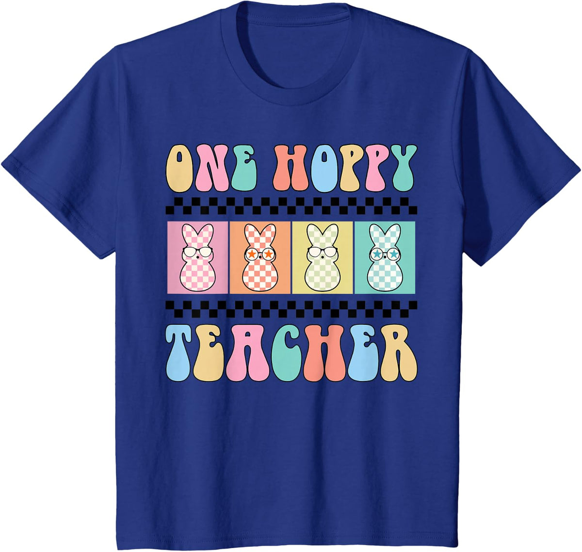 One Hoppy Teacher Bunny Easter Day Groovy Retro Boy Girl T-Shirt - Royal Blue
